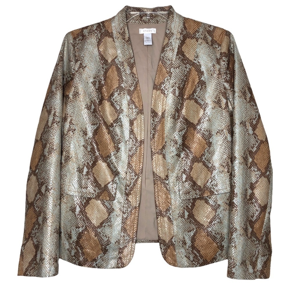 Chico’s Size 00- Cream & Tan Faux Suede Snakeskin Open Front Jacket - Std Size 2
